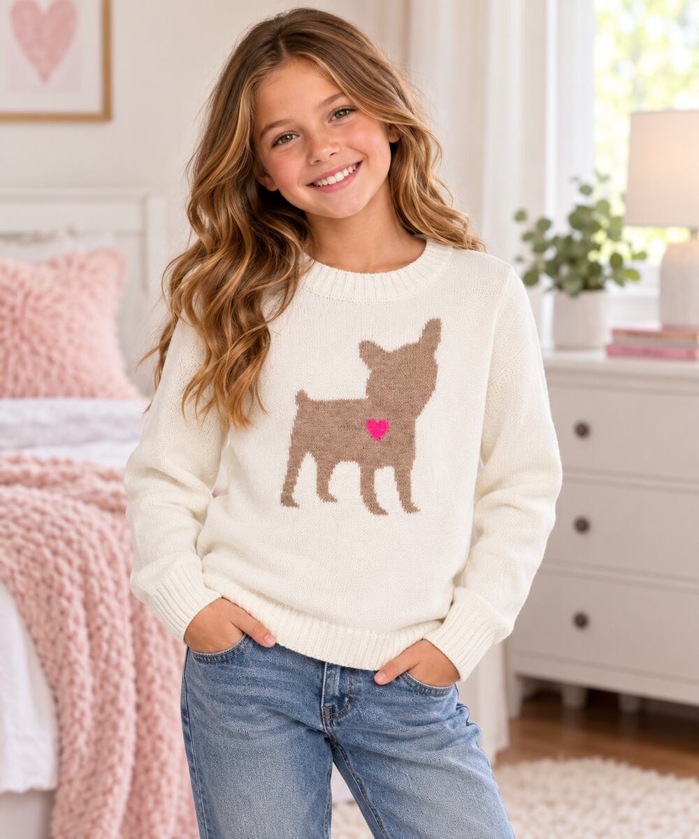 Old Navy Girls L 10-12 Dog Sweater Cream Pink Heart Puppy Knit Cotton